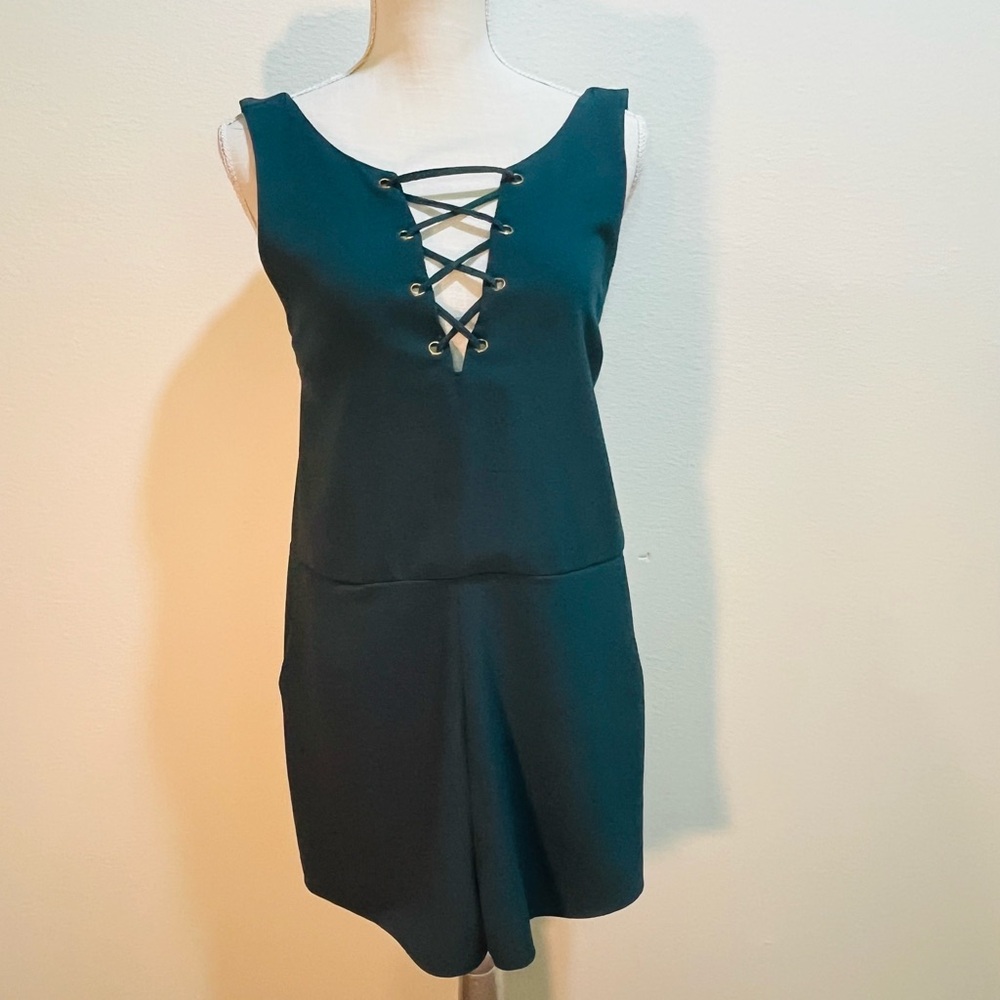 Xhilaration Teal Jumpsuit Romper with Lace-Up Front and Cute Zipper Back